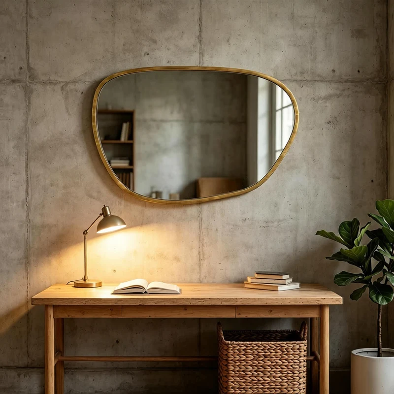 Miroir mural asymétrique en verre trempé, cadre bois naturel 90x60cm IRON PANEL
