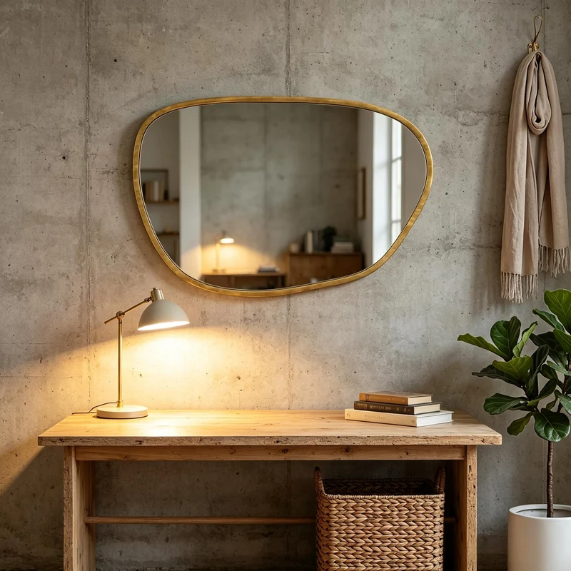 Miroir mural asymétrique en verre trempé, cadre bois naturel 90x60cm IRON PANEL