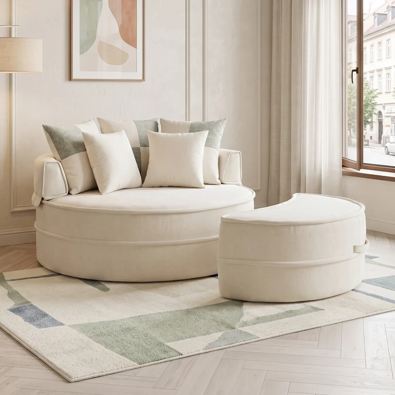 Fauteuil canapé rond chenille beige et vert pastel avec 5 coussins et pouf forme demi lune 163x121cm LAMP MARBLE