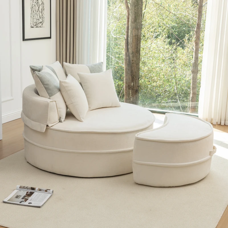 Fauteuil canapé rond chenille beige et vert pastel avec 5 coussins et pouf forme demi lune 163x121cm LAMP MARBLE