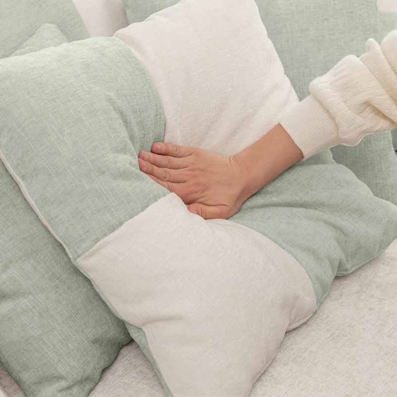 Fauteuil canapé rond chenille beige et vert pastel avec 5 coussins et pouf forme demi lune 163x121cm LAMP MARBLE