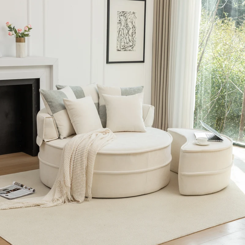 Fauteuil canapé rond chenille beige et vert pastel avec 5 coussins et pouf forme demi lune 163x121cm LAMP MARBLE
