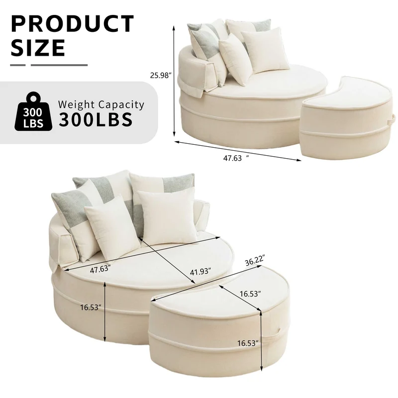 Fauteuil canapé rond chenille beige et vert pastel avec 5 coussins et pouf forme demi lune 163x121cm LAMP MARBLE