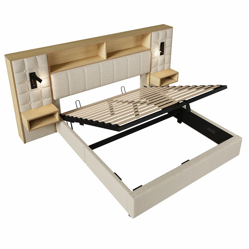 Lit coffre king en lin beige avec tables de chevet suspendues, lampes de lecture et ports USB 160x200cm MINIMALISTOTTOMANART