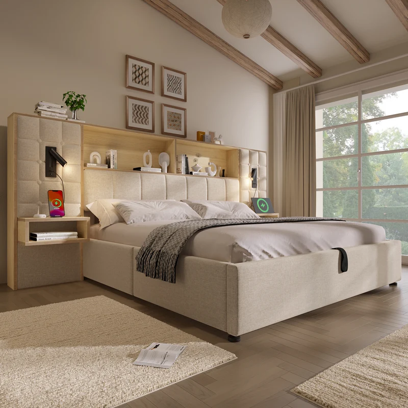 Lit coffre king en lin beige avec tables de chevet suspendues, lampes de lecture et ports USB 160x200cm MINIMALISTOTTOMANART
