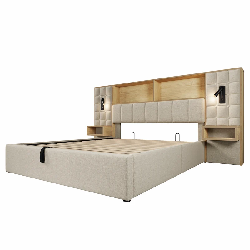 Lit coffre king en lin beige avec tables de chevet suspendues, lampes de lecture et ports USB 160x200cm MINIMALISTOTTOMANART