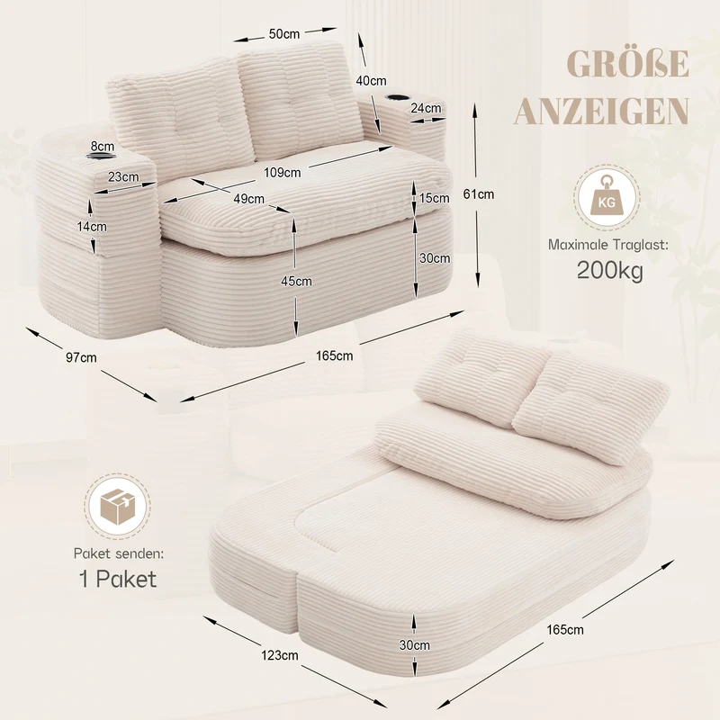 Fauteuil canapé convertible modulable en velours côtelé beige avec porte-gobelets intégrés MINIMALISTCUSHIONART