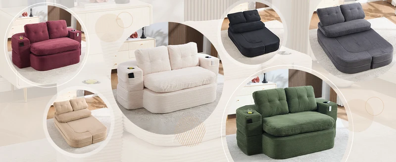 Fauteuil canapé convertible modulable en velours côtelé beige avec porte-gobelets intégrés MINIMALISTCUSHIONART