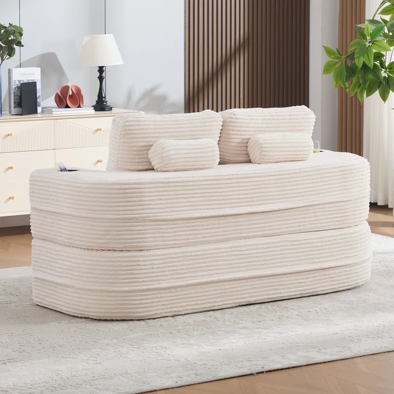 Fauteuil canapé convertible modulable en velours côtelé beige avec porte-gobelets intégrés MINIMALISTCUSHIONART