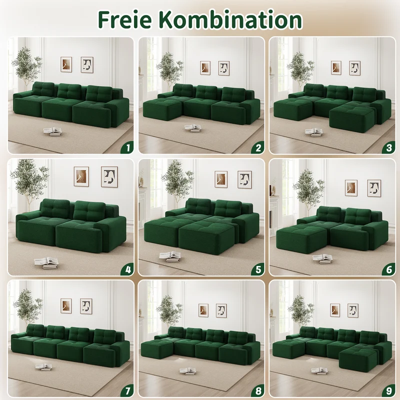Canapé modulable 2 places en velours côtelé vert 204x104cm MINIMALISTCORNERSET