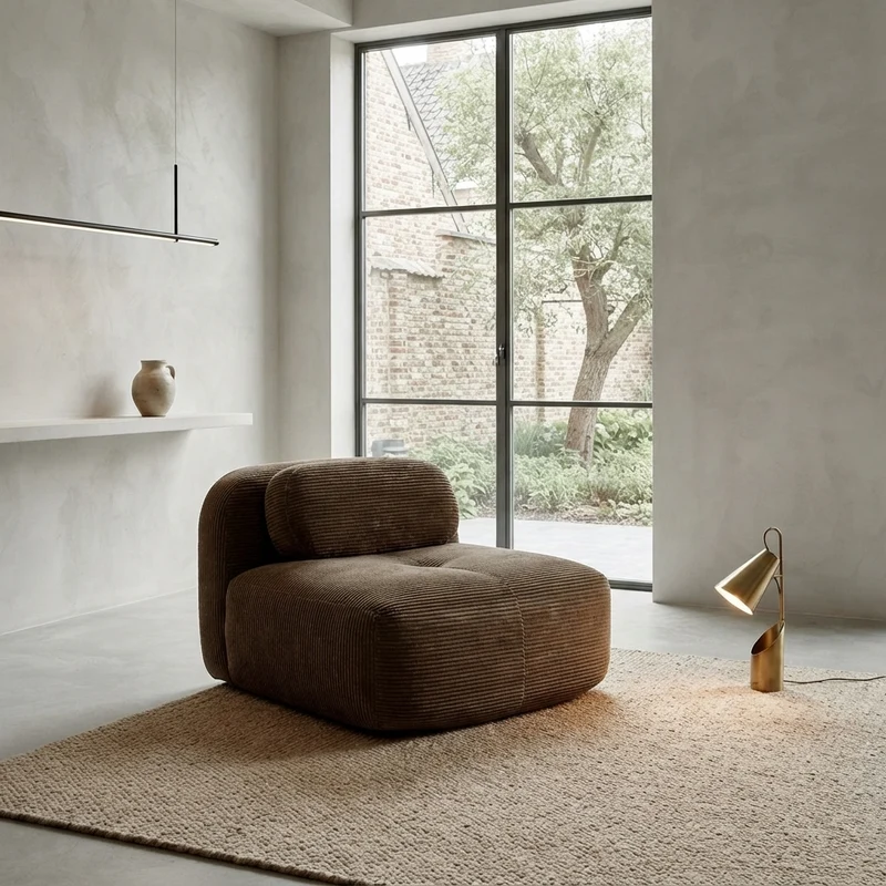 Fauteuil canapé 1 place sans accoudoirs en velours côtelé marron, sans montage MINIMALISTCONSOLEHOM
