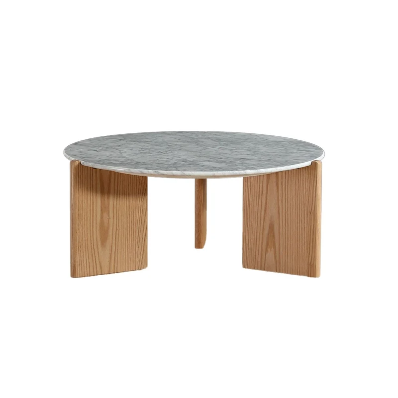 Table basse D80 cm marbre blanc placage chêne