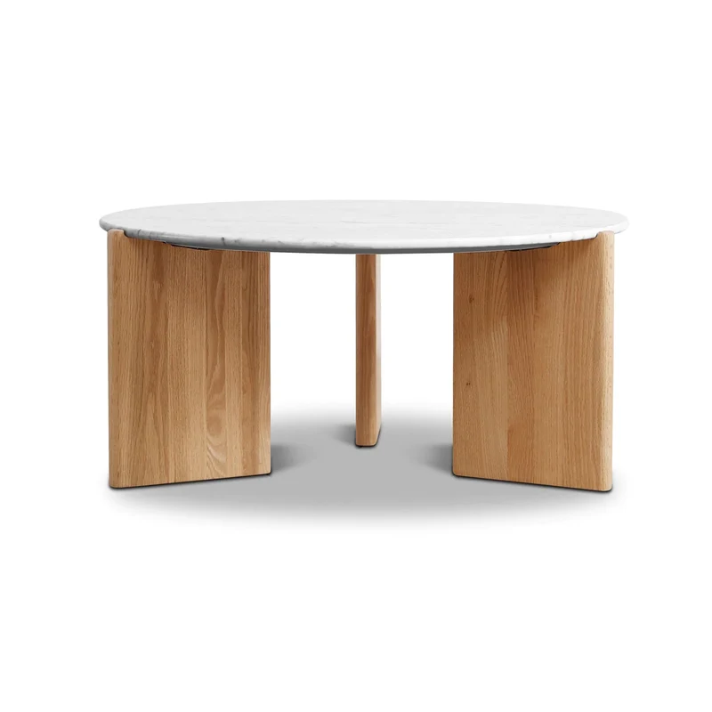 Table basse D80 cm marbre blanc placage chêne