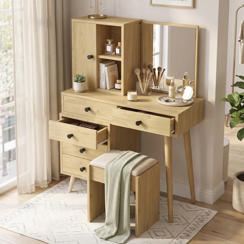 Coiffeuse compacte extensible effet bois naturel avec miroir escamotable, 5 tiroirs, tabouret beige MINIMALISTDESKSET