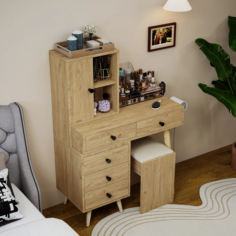 Coiffeuse compacte extensible effet bois naturel avec miroir escamotable, 5 tiroirs, tabouret beige MINIMALISTDESKSET