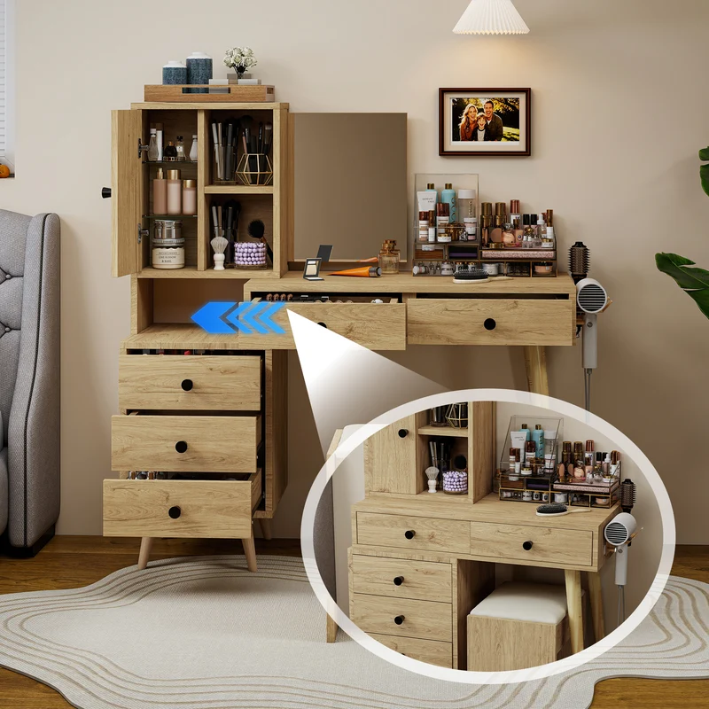 Coiffeuse compacte extensible effet bois naturel avec miroir escamotable, 5 tiroirs, tabouret beige MINIMALISTDESKSET