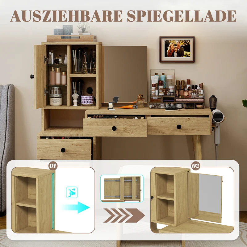 Coiffeuse compacte extensible effet bois naturel avec miroir escamotable, 5 tiroirs, tabouret beige MINIMALISTDESKSET