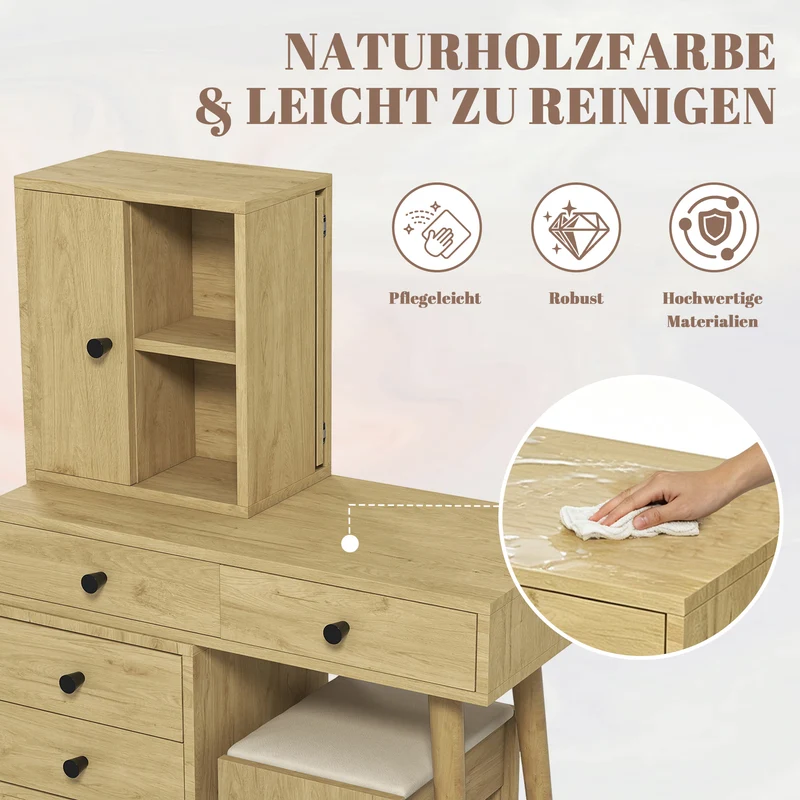 Coiffeuse compacte extensible effet bois naturel avec miroir escamotable, 5 tiroirs, tabouret beige MINIMALISTDESKSET