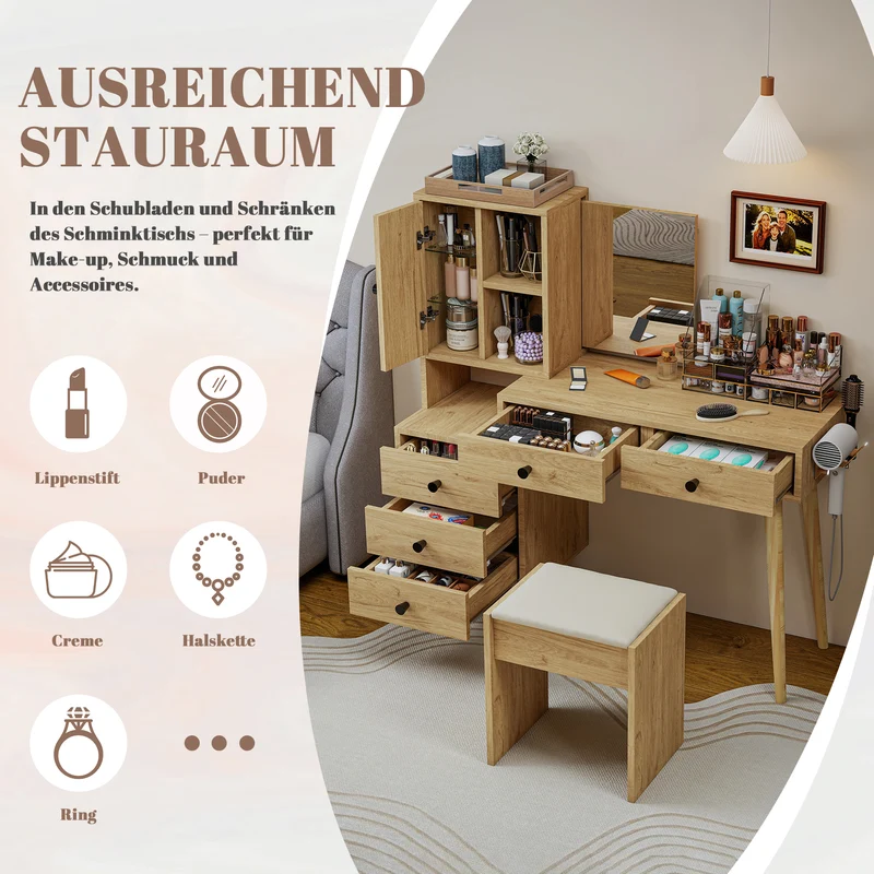 Coiffeuse compacte extensible effet bois naturel avec miroir escamotable, 5 tiroirs, tabouret beige MINIMALISTDESKSET