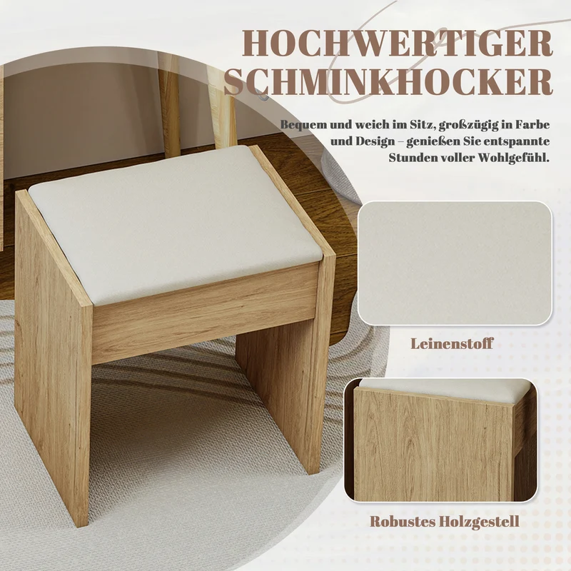 Coiffeuse compacte extensible effet bois naturel avec miroir escamotable, 5 tiroirs, tabouret beige MINIMALISTDESKSET