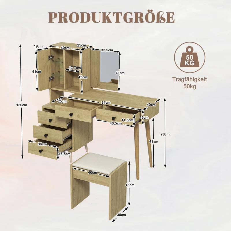 Coiffeuse compacte extensible effet bois naturel avec miroir escamotable, 5 tiroirs, tabouret beige MINIMALISTDESKSET