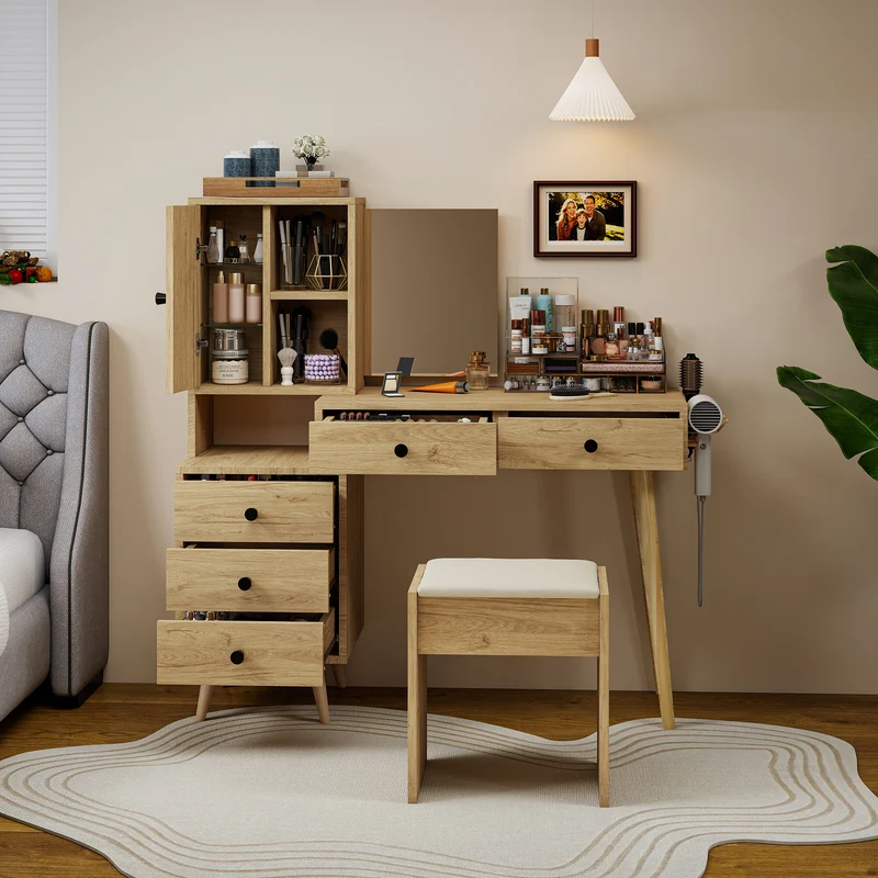 Coiffeuse compacte extensible effet bois naturel avec miroir escamotable, 5 tiroirs, tabouret beige MINIMALISTDESKSET