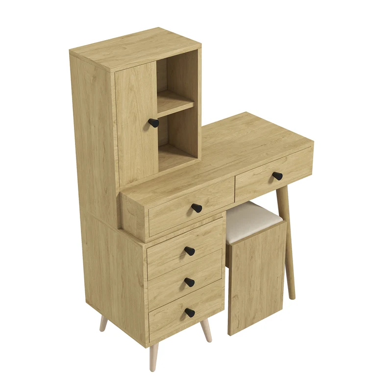 Coiffeuse compacte extensible effet bois naturel avec miroir escamotable, 5 tiroirs, tabouret beige MINIMALISTDESKSET