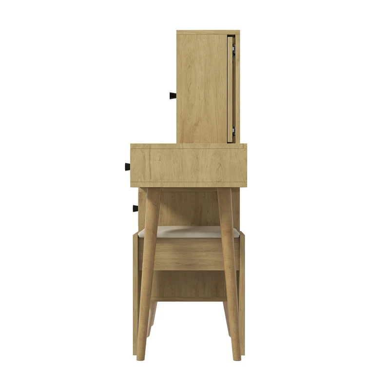 Coiffeuse compacte extensible effet bois naturel avec miroir escamotable, 5 tiroirs, tabouret beige MINIMALISTDESKSET