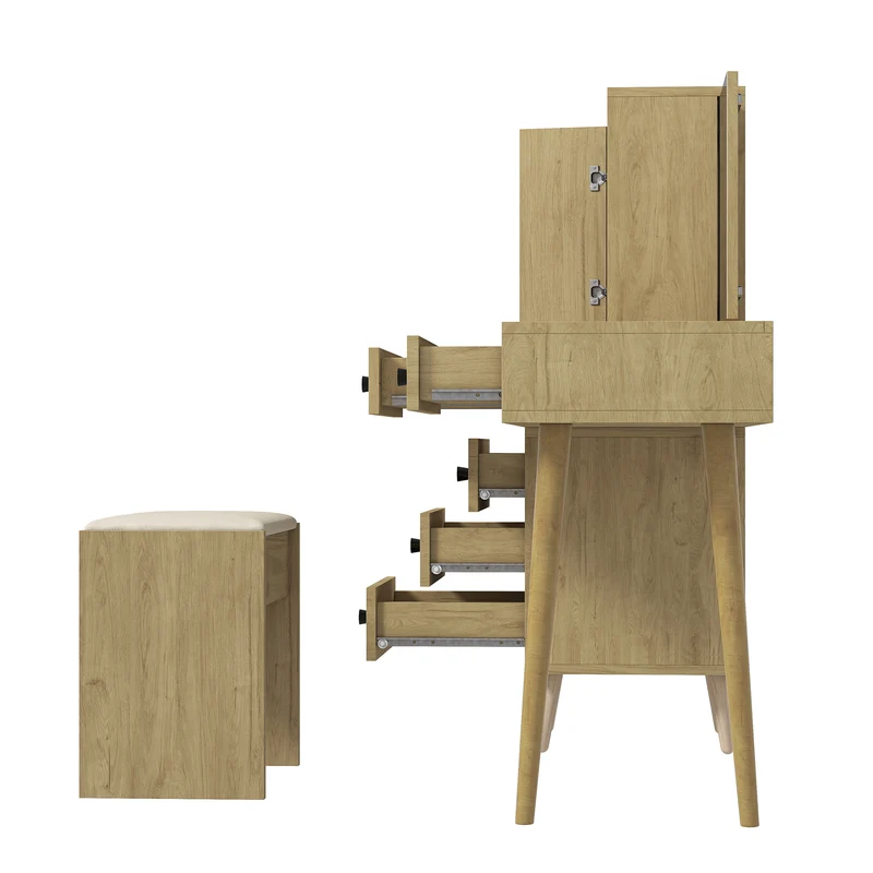 Coiffeuse compacte extensible effet bois naturel avec miroir escamotable, 5 tiroirs, tabouret beige MINIMALISTDESKSET