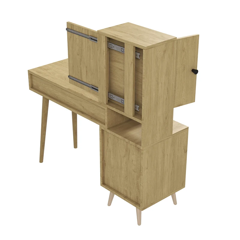Coiffeuse compacte extensible effet bois naturel avec miroir escamotable, 5 tiroirs, tabouret beige MINIMALISTDESKSET