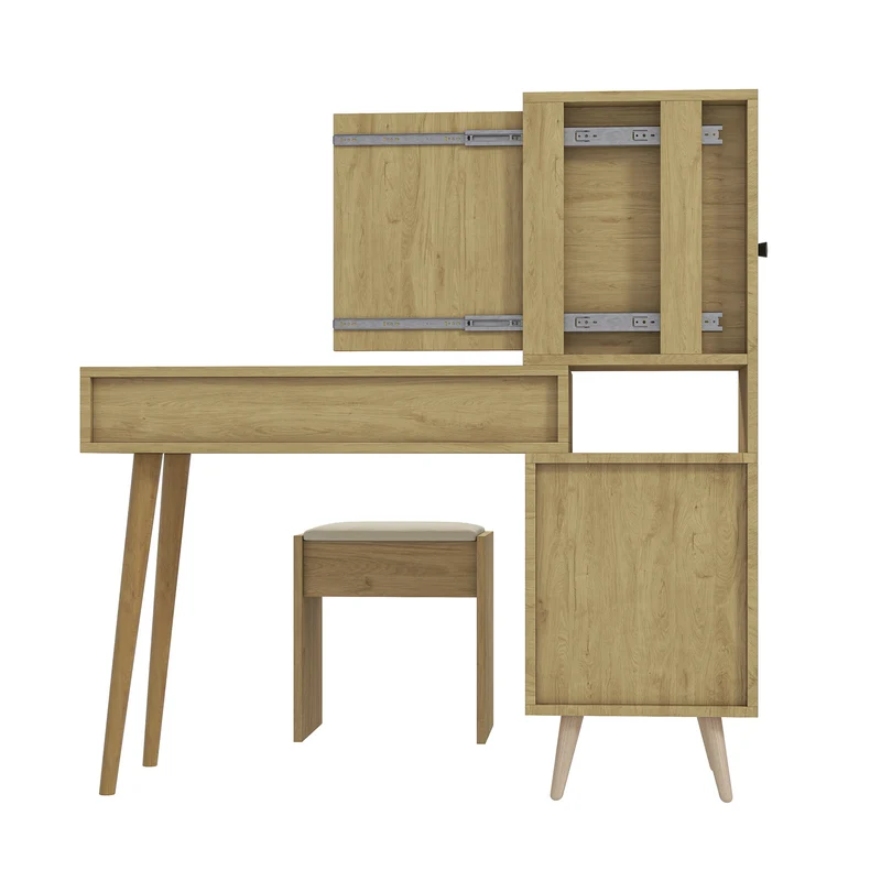 Coiffeuse compacte extensible effet bois naturel avec miroir escamotable, 5 tiroirs, tabouret beige MINIMALISTDESKSET