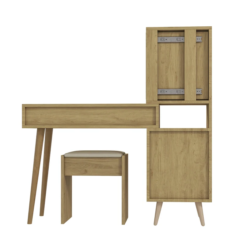 Coiffeuse compacte extensible effet bois naturel avec miroir escamotable, 5 tiroirs, tabouret beige MINIMALISTDESKSET