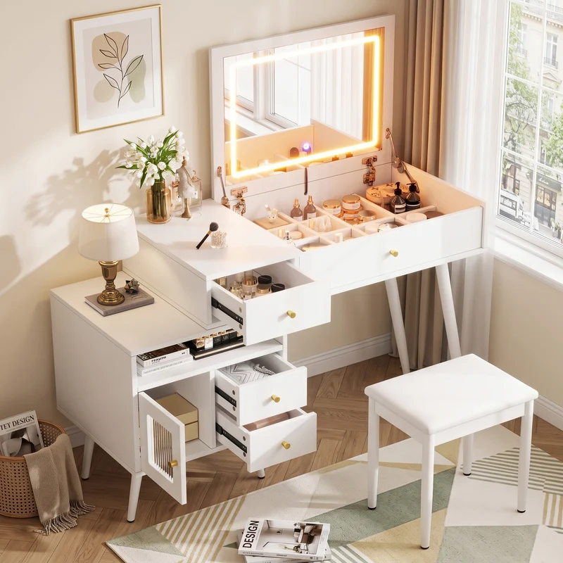 Coiffeuse blanche avec miroir LED 3 couleurs, bureau convertible, tabouret inclus 120cm MINIMALISTDRESSERSET