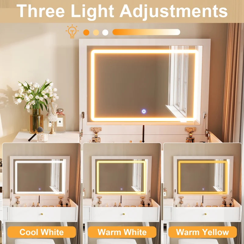 Coiffeuse blanche avec miroir LED 3 couleurs, bureau convertible, tabouret inclus 120cm MINIMALISTDRESSERSET