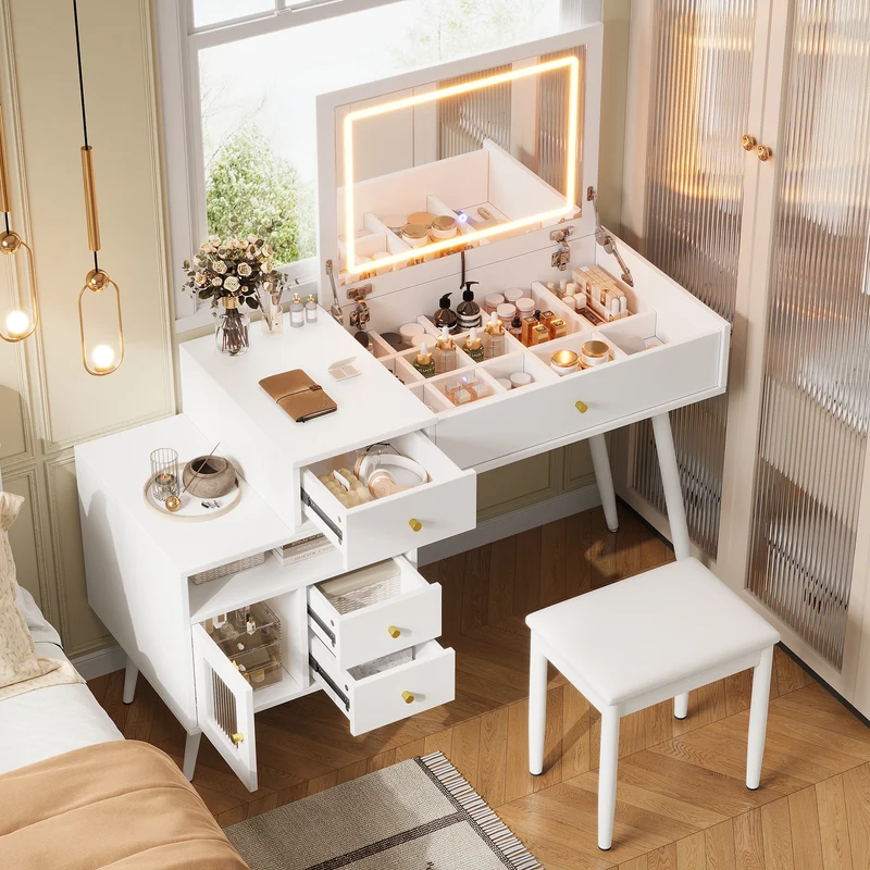 Coiffeuse blanche avec miroir LED 3 couleurs, bureau convertible, tabouret inclus 120cm MINIMALISTDRESSERSET