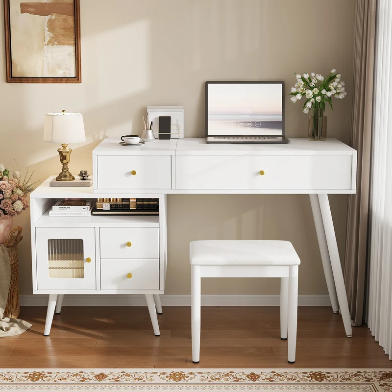 Coiffeuse blanche avec miroir LED 3 couleurs, bureau convertible, tabouret inclus 120cm MINIMALISTDRESSERSET