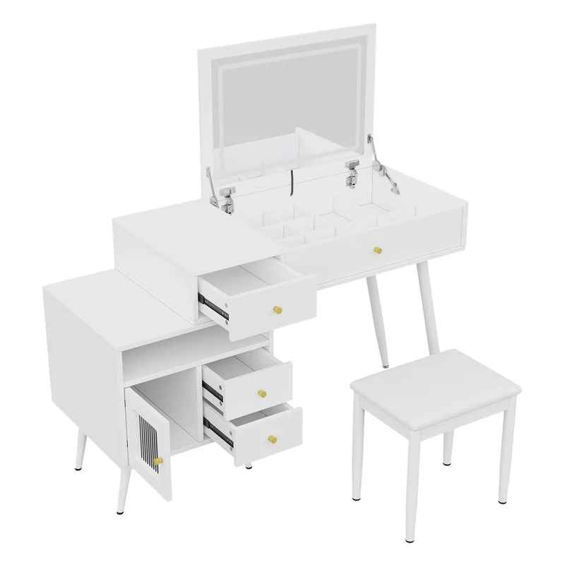 Coiffeuse blanche avec miroir LED 3 couleurs, bureau convertible, tabouret inclus 120cm MINIMALISTDRESSERSET