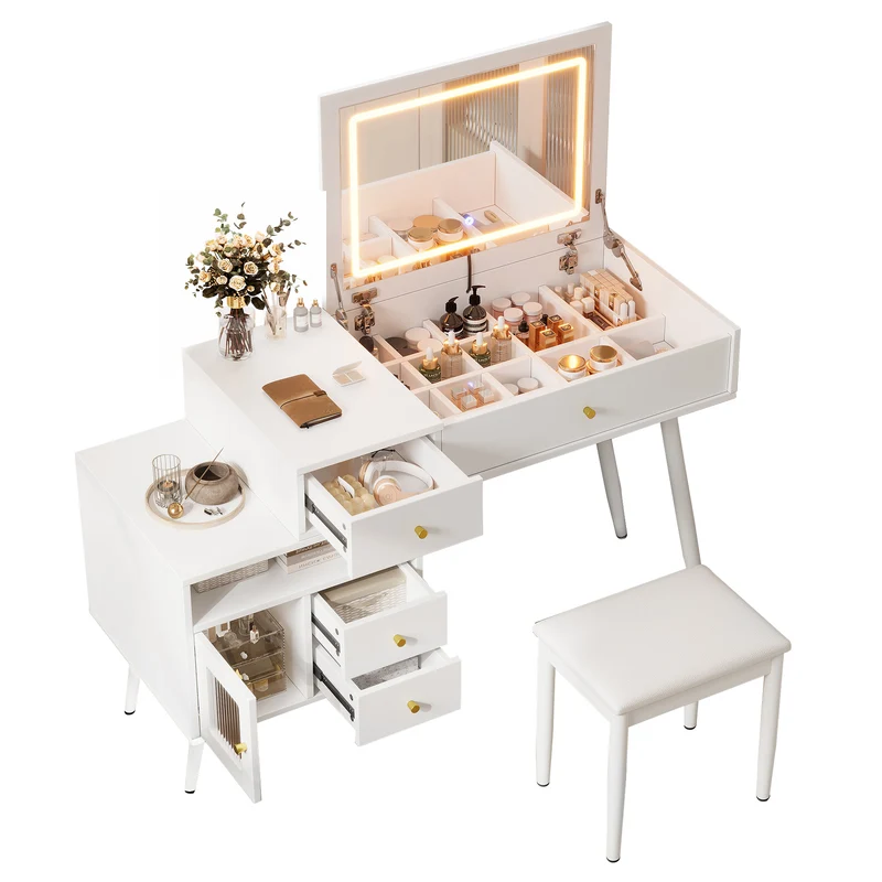 Coiffeuse blanche avec miroir LED 3 couleurs, bureau convertible, tabouret inclus 120cm MINIMALISTDRESSERSET