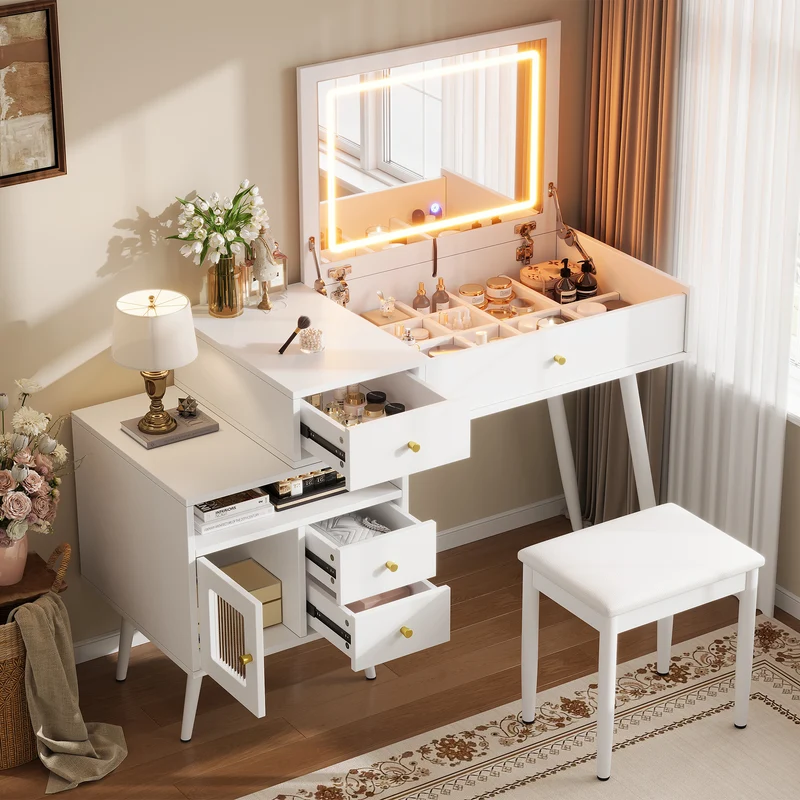 Coiffeuse blanche avec miroir LED 3 couleurs, bureau convertible, tabouret inclus 120cm MINIMALISTDRESSERSET