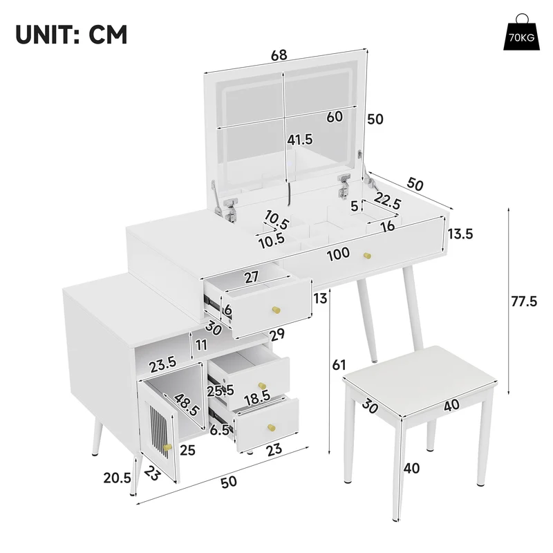 Coiffeuse blanche avec miroir LED 3 couleurs, bureau convertible, tabouret inclus 120cm MINIMALISTDRESSERSET