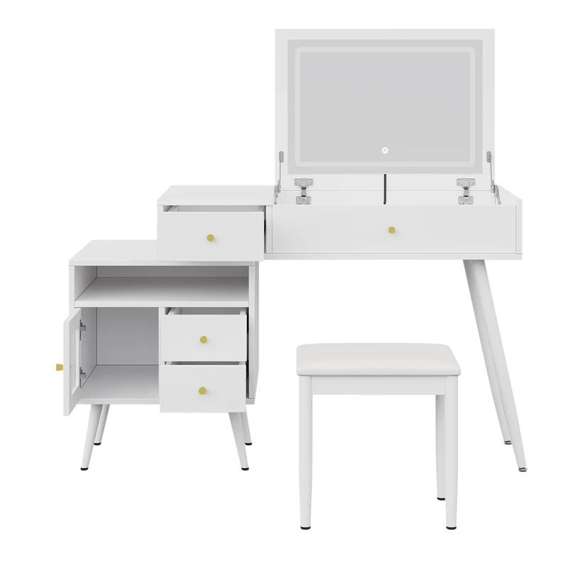 Coiffeuse blanche avec miroir LED 3 couleurs, bureau convertible, tabouret inclus 120cm MINIMALISTDRESSERSET