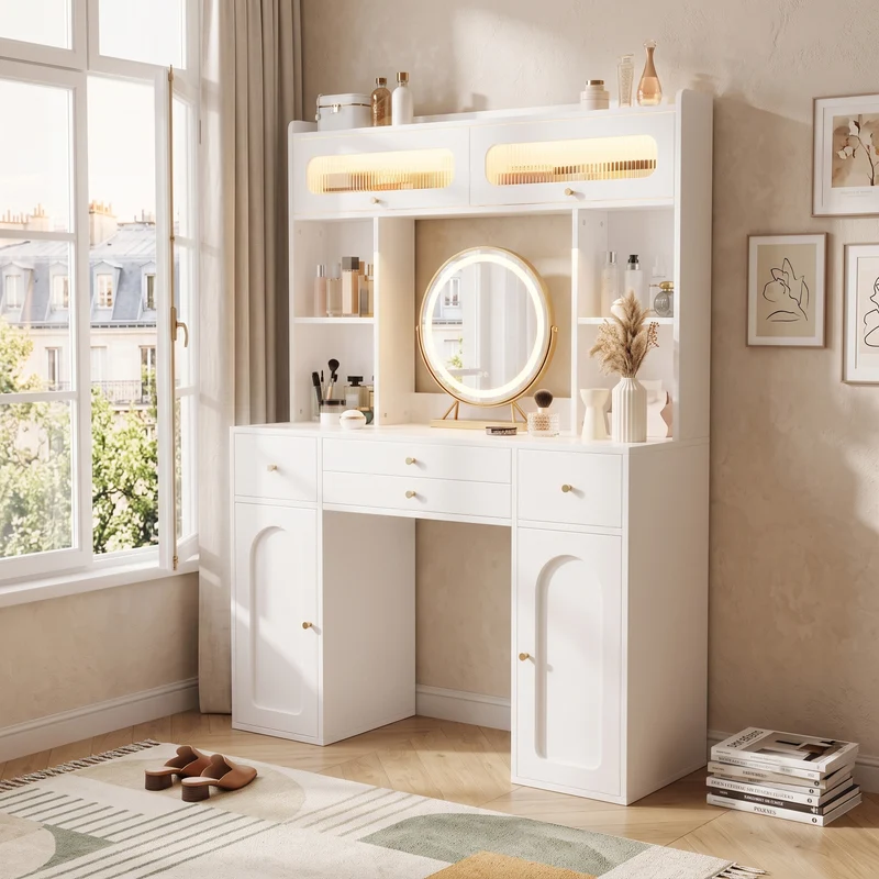 Coiffeuse blanche moderne avec miroir rond LED Bluetooth, 4 tiroirs et portes en verre MINIMALISTLINENMAX