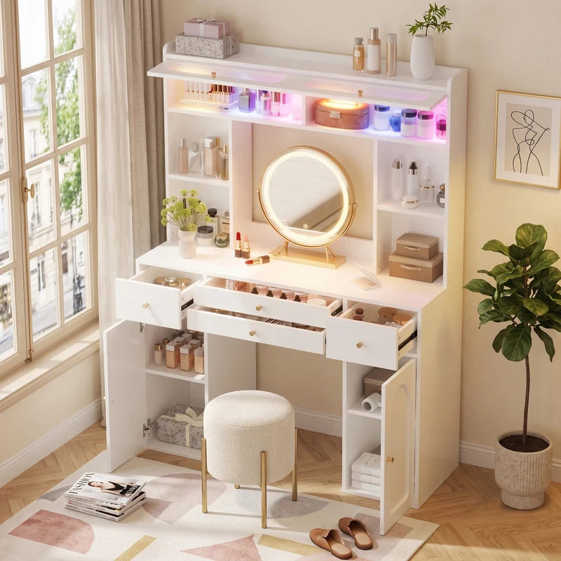 Coiffeuse blanche moderne avec miroir rond LED Bluetooth, 4 tiroirs et portes en verre MINIMALISTLINENMAX
