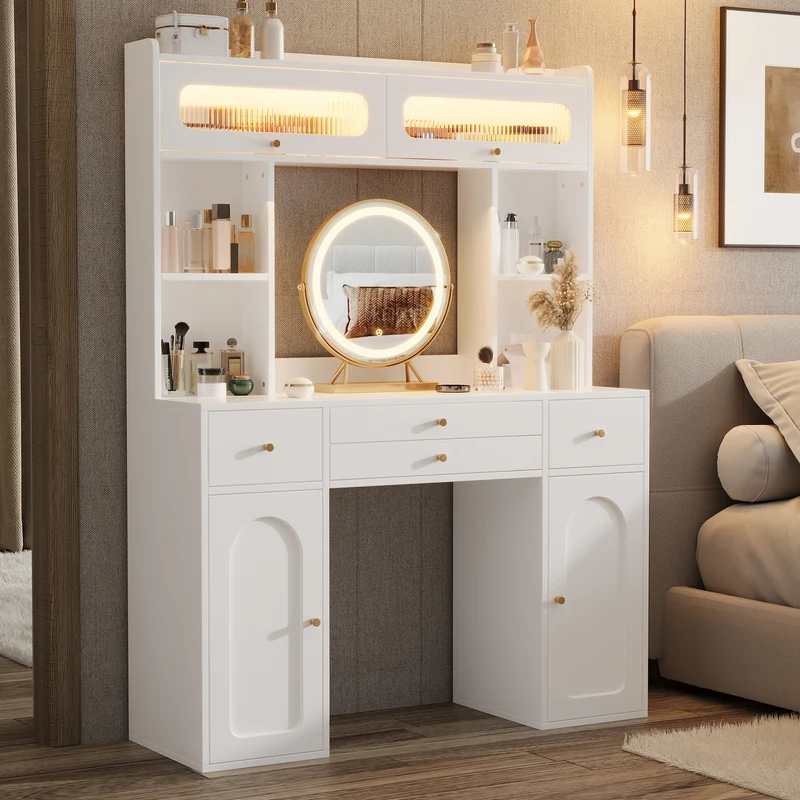 Coiffeuse blanche moderne avec miroir rond LED Bluetooth, 4 tiroirs et portes en verre MINIMALISTLINENMAX