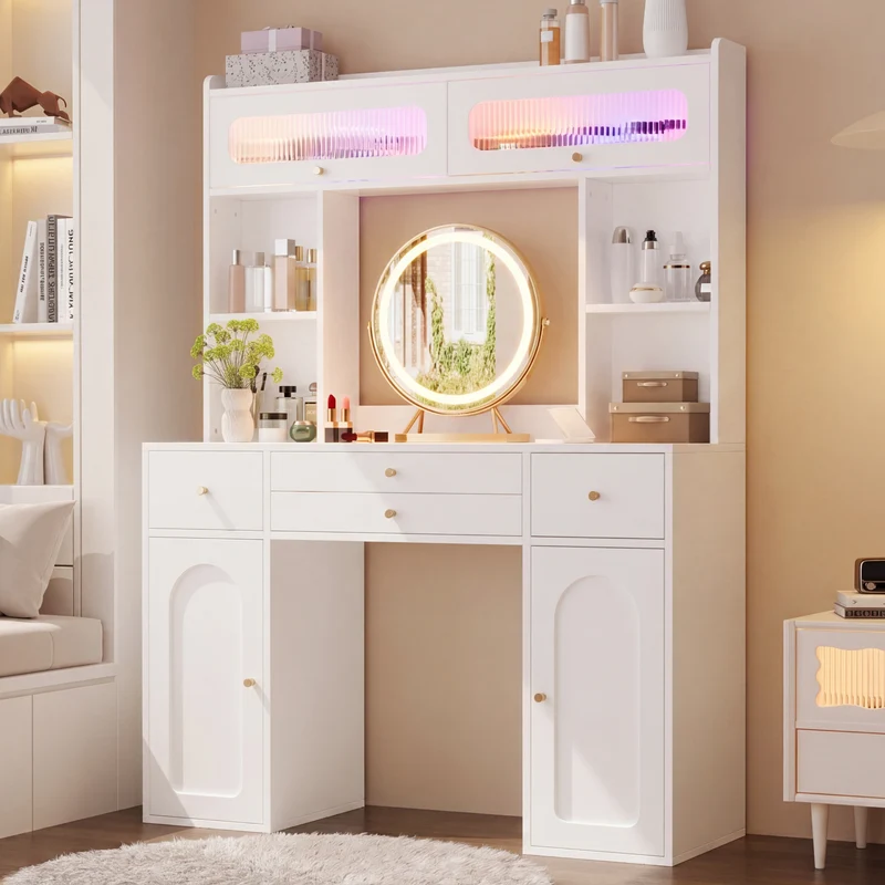 Coiffeuse blanche moderne avec miroir rond LED Bluetooth, 4 tiroirs et portes en verre MINIMALISTLINENMAX