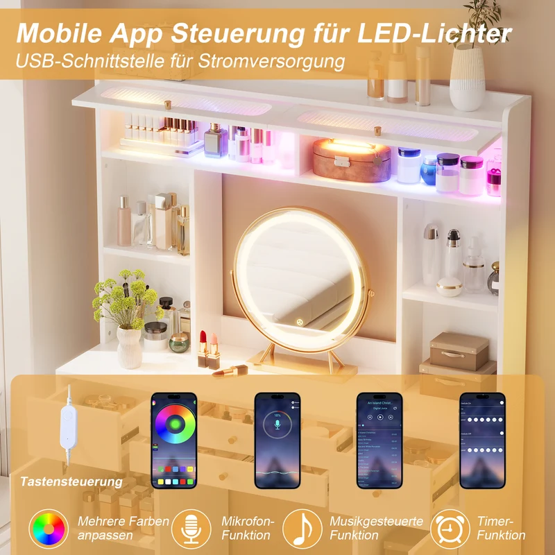 Coiffeuse blanche moderne avec miroir rond LED Bluetooth, 4 tiroirs et portes en verre MINIMALISTLINENMAX