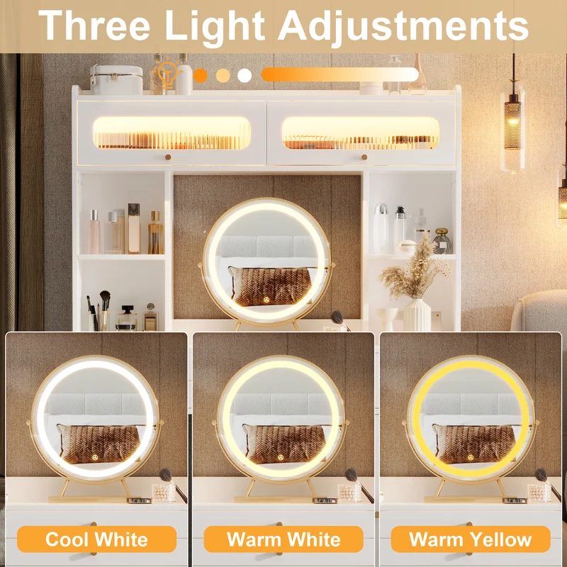 Coiffeuse blanche moderne avec miroir rond LED Bluetooth, 4 tiroirs et portes en verre MINIMALISTLINENMAX