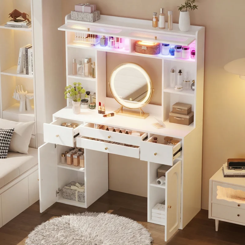 Coiffeuse blanche moderne avec miroir rond LED Bluetooth, 4 tiroirs et portes en verre MINIMALISTLINENMAX
