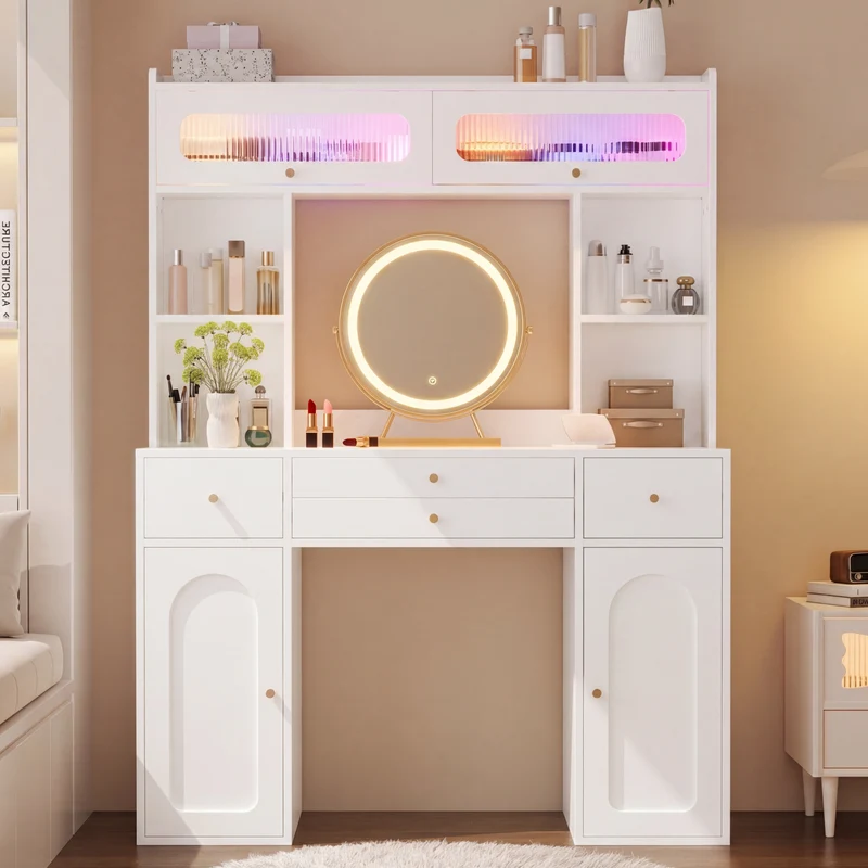 Coiffeuse blanche moderne avec miroir rond LED Bluetooth, 4 tiroirs et portes en verre MINIMALISTLINENMAX