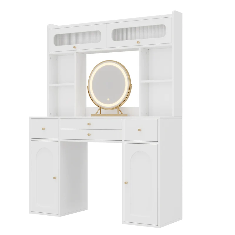 Coiffeuse blanche moderne avec miroir rond LED Bluetooth, 4 tiroirs et portes en verre MINIMALISTLINENMAX